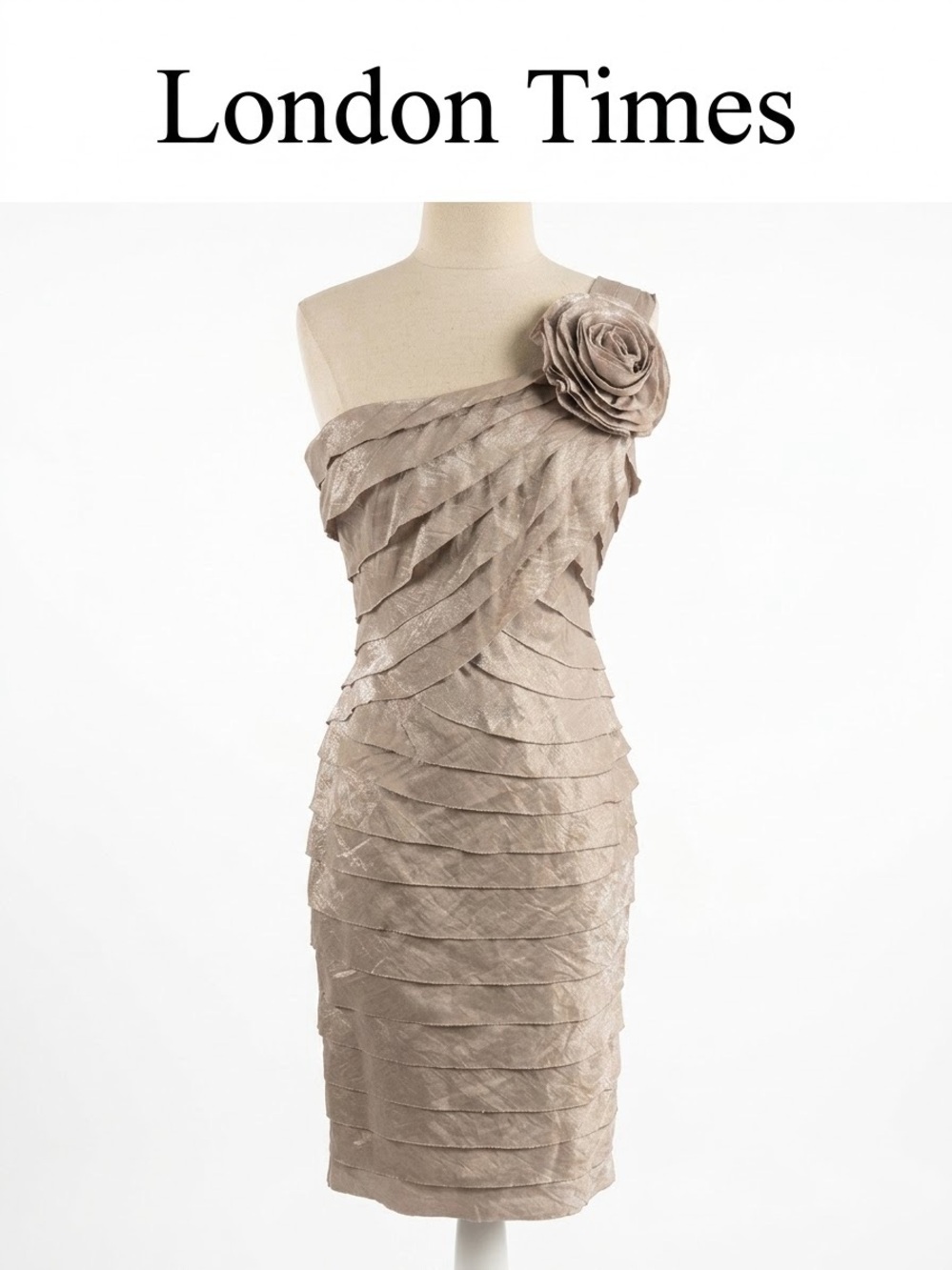 London Times Taupe One-Shoulder Tiered Cocktail Dress Size 6